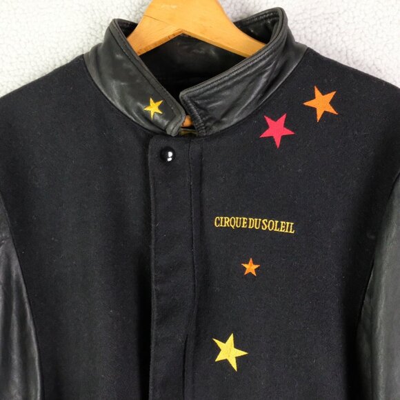 Vintage Curque Du Soleil Bomber Jacket Mens XXL 2XL Black Leather Wool Oversized - Picture 2 of 11